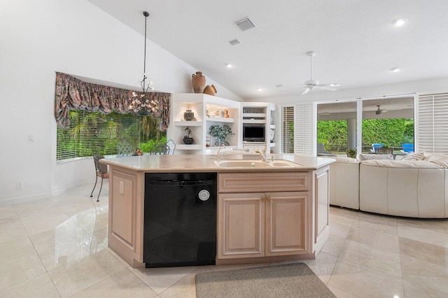 kitchen with dishwasher, ceiling fan, light brown cabinets, and a kitchen island with sink