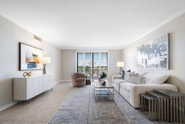 living room featuring light tile patterned floors and crown molding