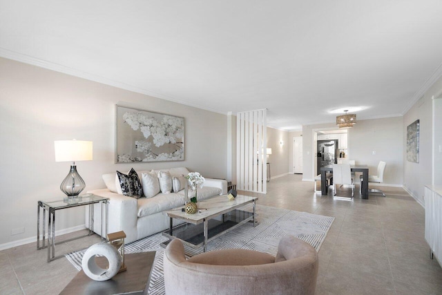 tiled living room featuring ornamental molding