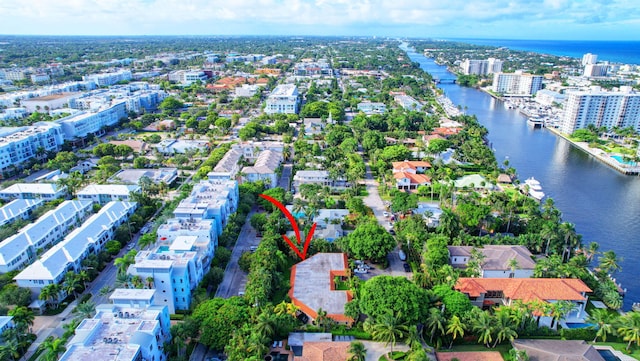 aerial view featuring a water view