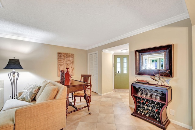 living room with light tile patterned flooring, crown molding, and a textured ceiling