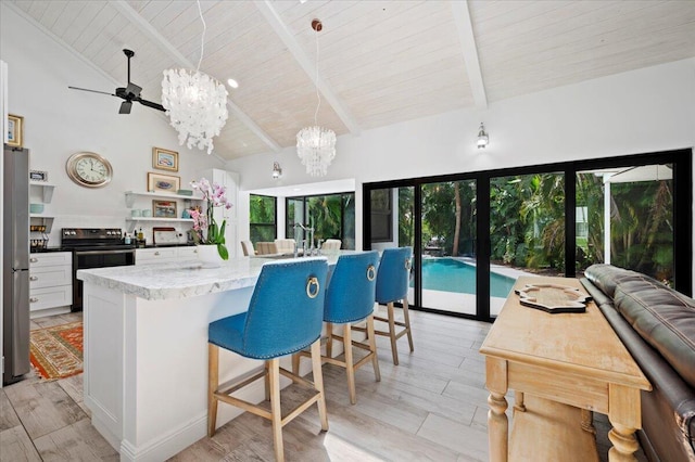 kitchen featuring high vaulted ceiling, light hardwood / wood-style flooring, beam ceiling, wood ceiling, and range with electric cooktop