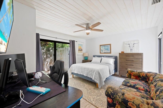 bedroom with wood ceiling and ceiling fan