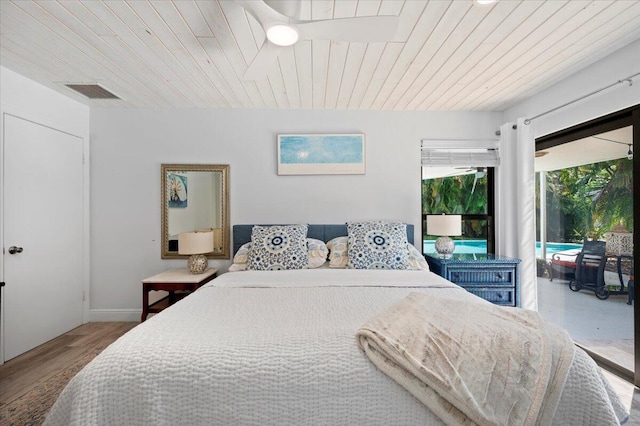 bedroom with access to exterior, wooden ceiling, and hardwood / wood-style flooring