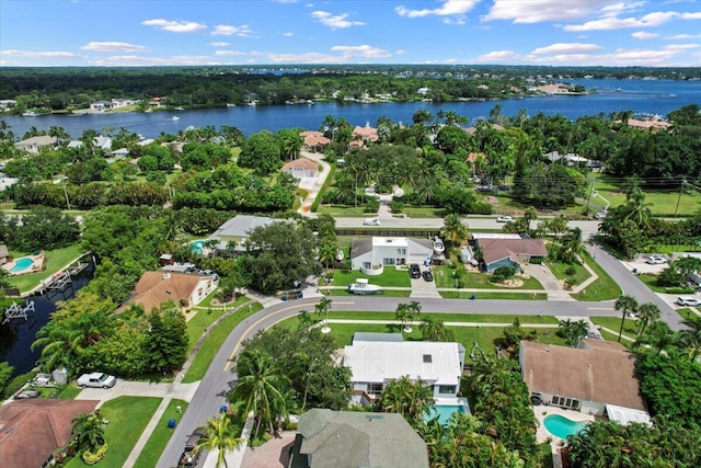 birds eye view of property featuring a water view