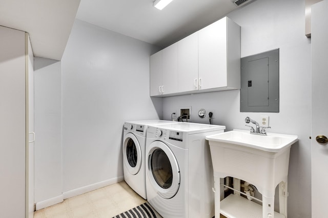 clothes washing area featuring cabinets, electric panel, washer and dryer, and sink