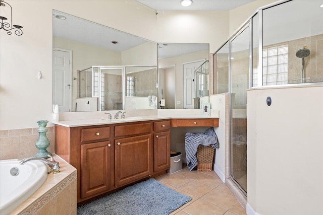 bathroom with vanity, plus walk in shower, and tile patterned floors