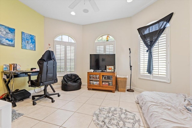 tiled office with ceiling fan