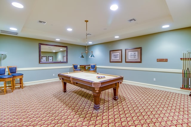 rec room with a raised ceiling, billiards, and carpet flooring