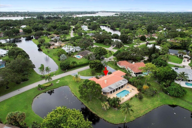 drone / aerial view featuring a water view