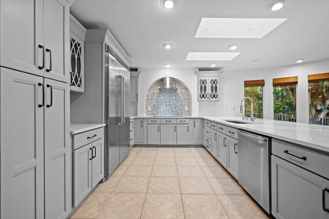 kitchen featuring decorative backsplash, gray cabinets, appliances with stainless steel finishes, and a skylight