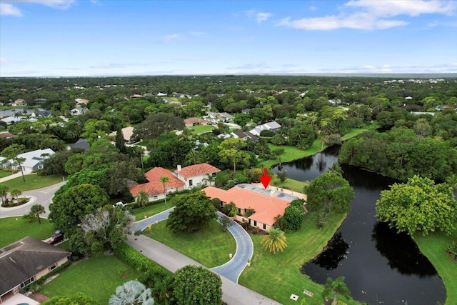 drone / aerial view featuring a water view