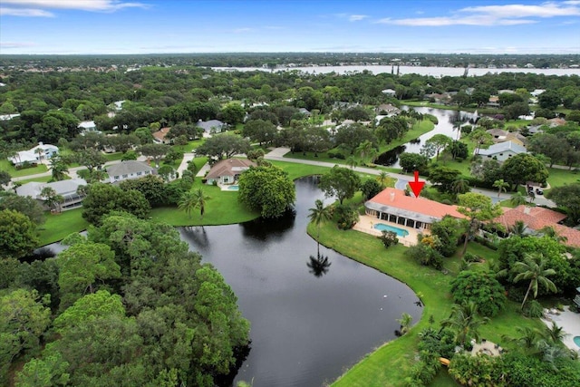 aerial view featuring a water view