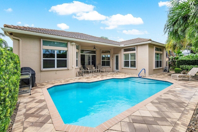 view of swimming pool featuring ceiling fan and a patio