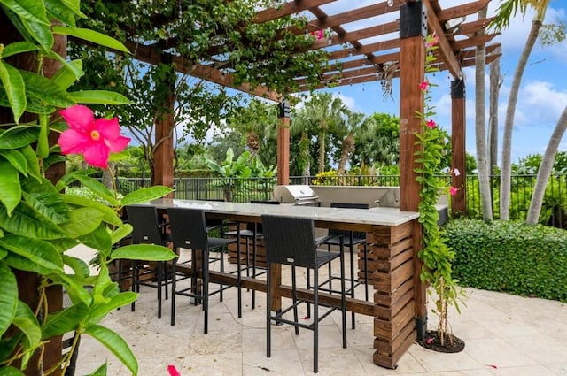 view of patio / terrace featuring exterior bar, exterior kitchen, and a pergola