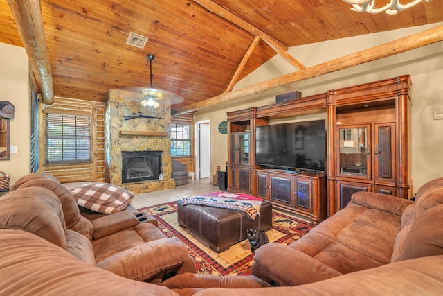 tiled living room with a fireplace, wood ceiling, plenty of natural light, and vaulted ceiling with beams