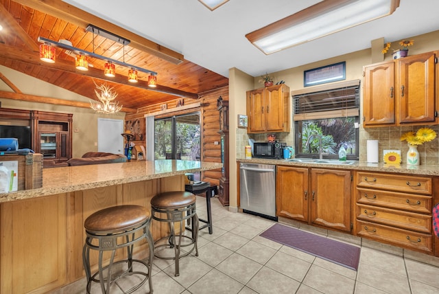 kitchen featuring dishwasher, wood ceiling, light stone counters, and sink