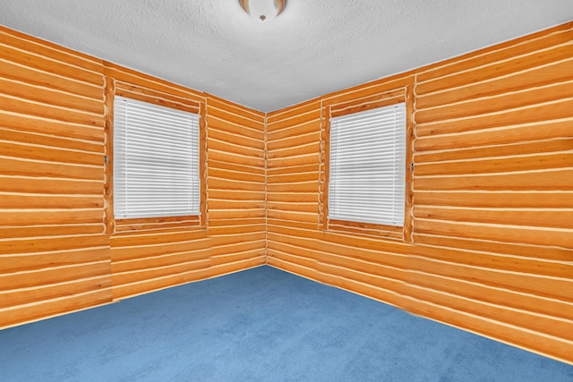 carpeted spare room featuring wood walls and a textured ceiling