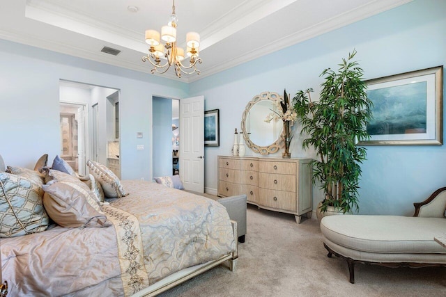 carpeted bedroom with an inviting chandelier, a raised ceiling, and crown molding