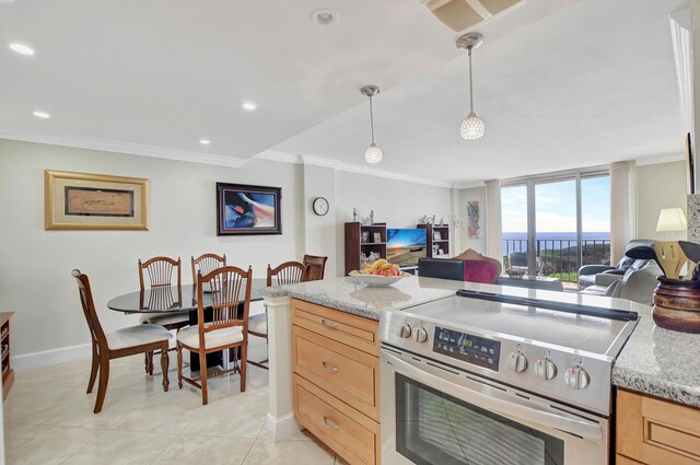 kitchen with pendant lighting, stainless steel electric range oven, light tile patterned floors, light brown cabinetry, and light stone countertops