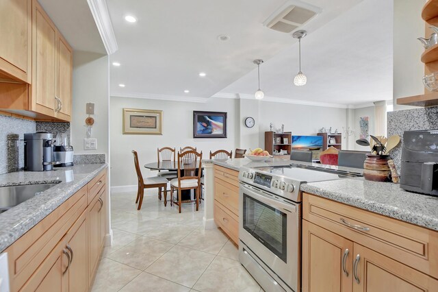 kitchen with stainless steel range with electric cooktop, backsplash, decorative light fixtures, and light stone countertops