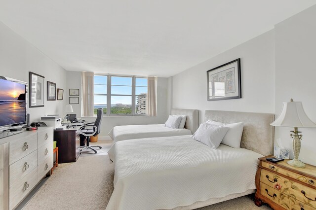 bedroom with light carpet