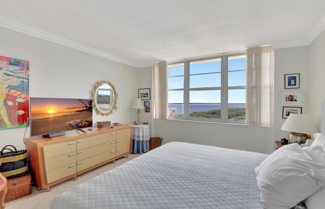 bedroom with light carpet, multiple windows, and crown molding