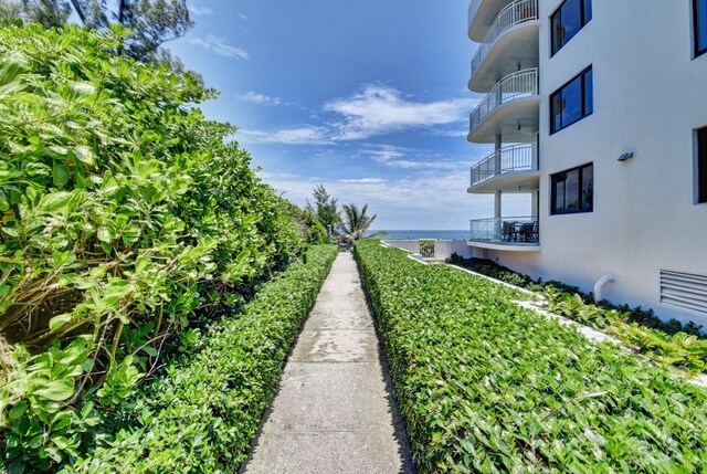 exterior space with a water view