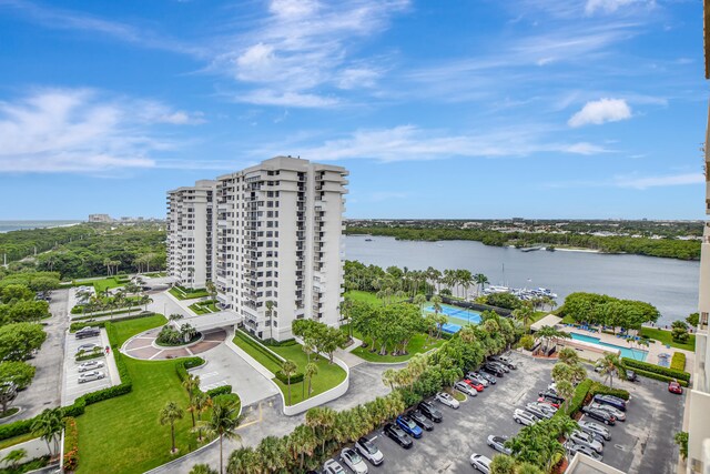 birds eye view of property featuring a water view