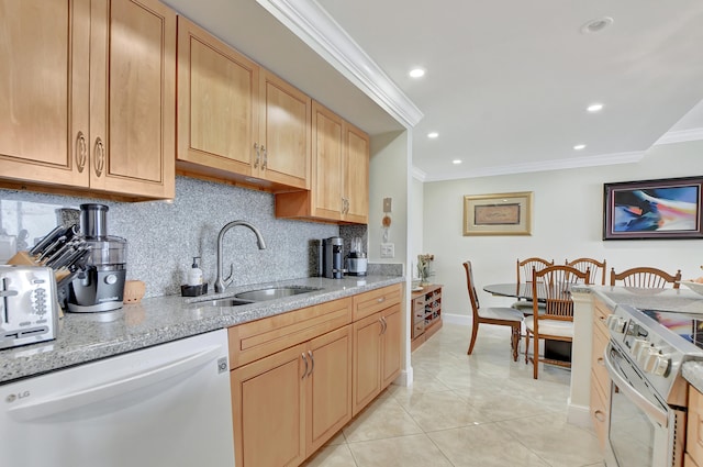 kitchen featuring light stone countertops, tasteful backsplash, stainless steel dishwasher, sink, and electric stove