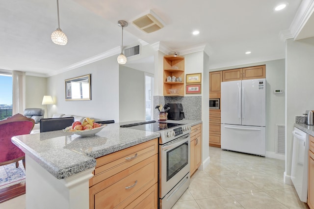 kitchen with light stone countertops, light tile patterned floors, stainless steel appliances, ornamental molding, and decorative backsplash