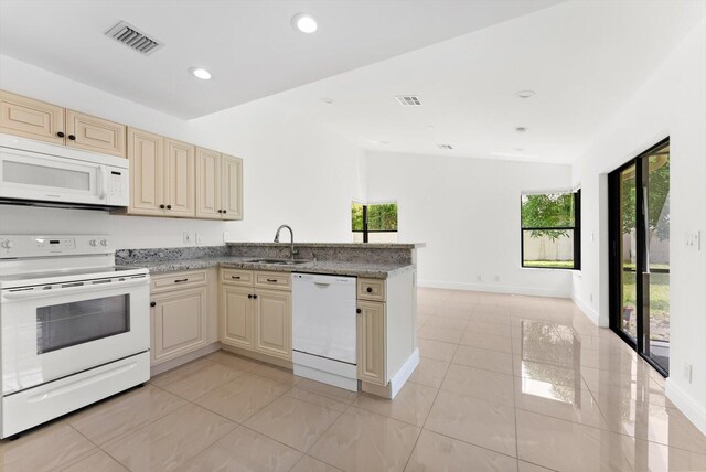 kitchen featuring white appliances, a healthy amount of sunlight, and kitchen peninsula