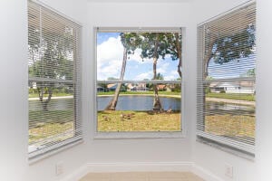 interior space with a water view