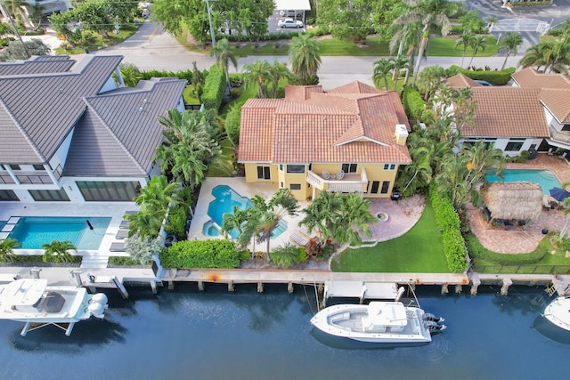 aerial view featuring a water view