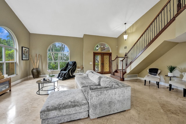 living room featuring vaulted ceiling