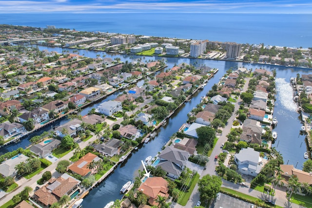 drone / aerial view featuring a water view