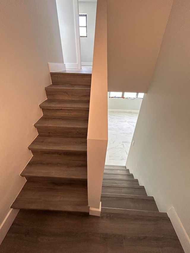 staircase with hardwood / wood-style flooring