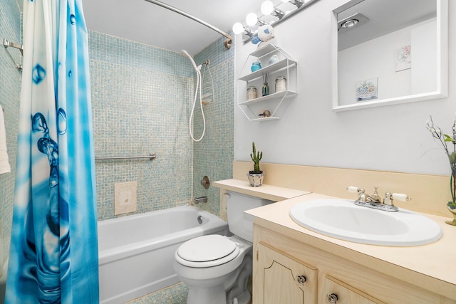 full bathroom with vanity, toilet, and shower / bath combination with curtain