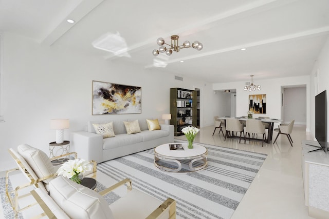 living room with beam ceiling and an inviting chandelier