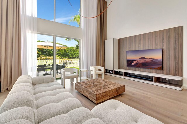 living room with a high ceiling and light hardwood / wood-style flooring