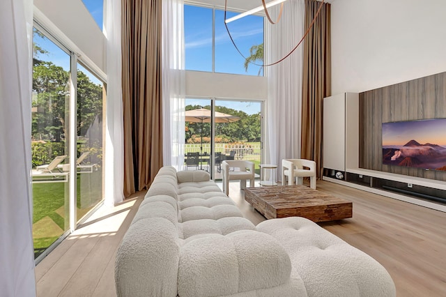 living room featuring a high ceiling and light hardwood / wood-style flooring