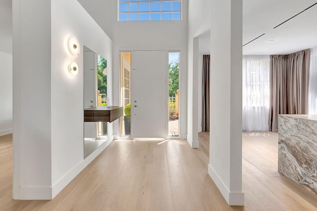 foyer entrance with light hardwood / wood-style flooring and a healthy amount of sunlight