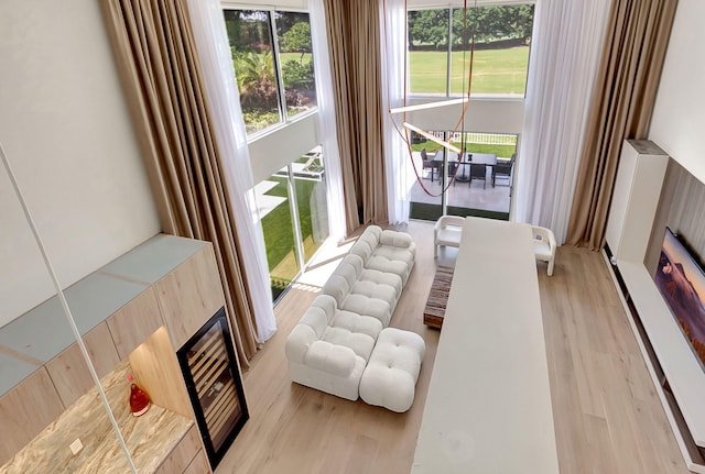 living room with a fireplace and light hardwood / wood-style flooring