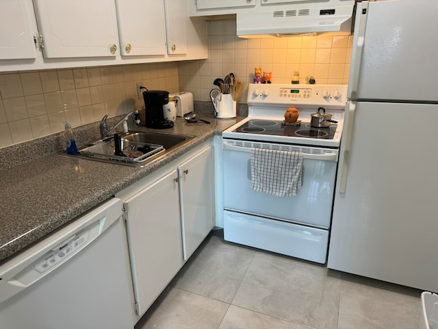 kitchen with sink, white cabinets, backsplash, white appliances, and light tile patterned floors