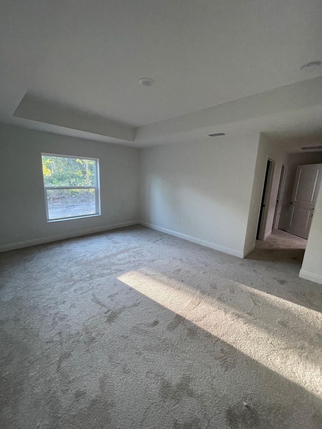 unfurnished room featuring a raised ceiling and carpet