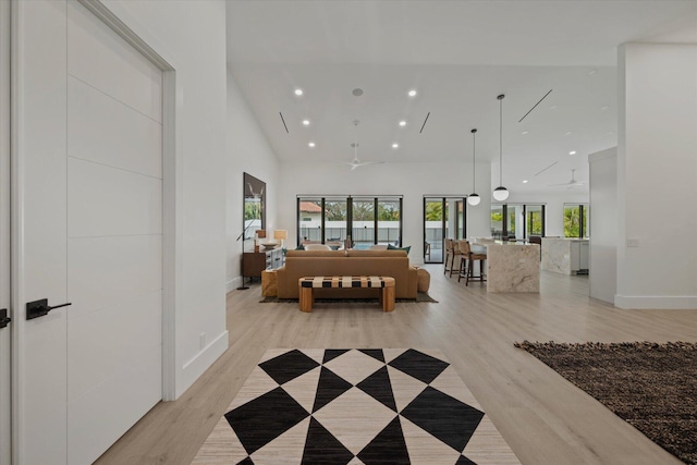 interior space featuring high vaulted ceiling and light hardwood / wood-style floors