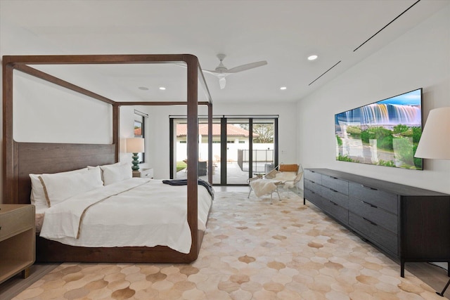 bedroom with ceiling fan and access to exterior