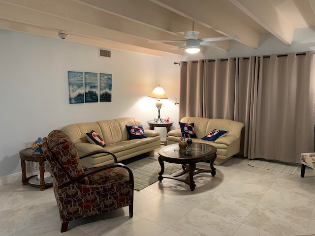 living room with beam ceiling and ceiling fan