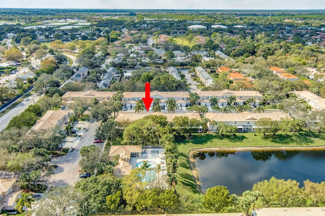 drone / aerial view featuring a water view