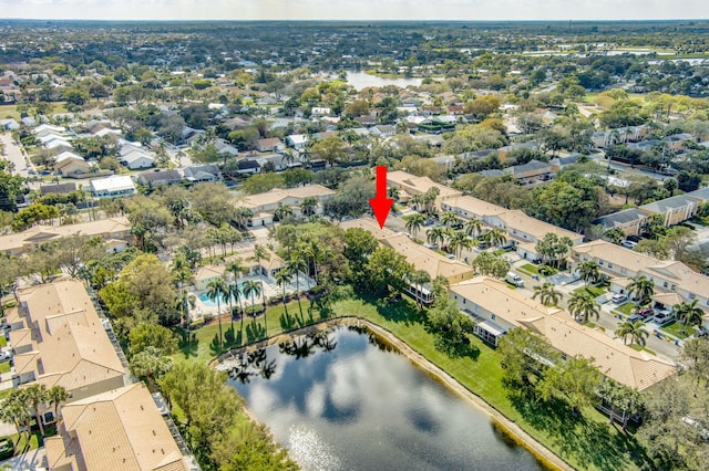 drone / aerial view featuring a water view